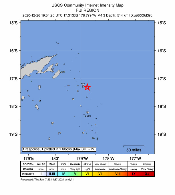 USGS DYFI community-reported intensity map for the M4.3 earthquake near 216 km ENE of Levuka, Fiji