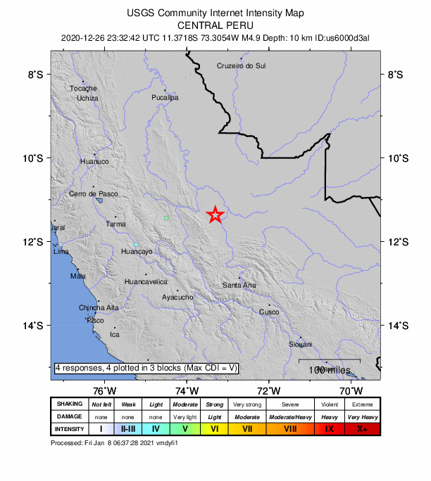 USGS DYFI community-reported intensity map for the M4.9 earthquake near 88 km NNW of Pangoa, Peru