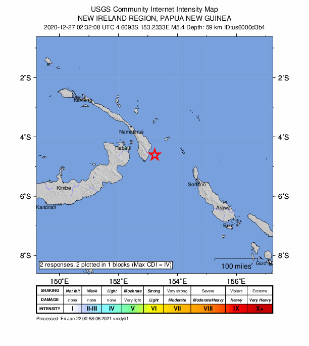 USGS DYFI community-reported intensity map for the M5.4 earthquake near 111 km ESE of Kokopo, Papua New Guinea
