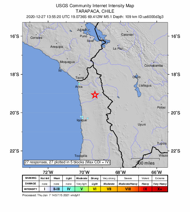 USGS DYFI community-reported intensity map for the M5.1 earthquake near 114 km SE of Arica, Chile