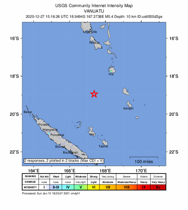 USGS DYFI community-reported intensity map for the M4.8 earthquake near 166 km SW of Port-Vila, Vanuatu