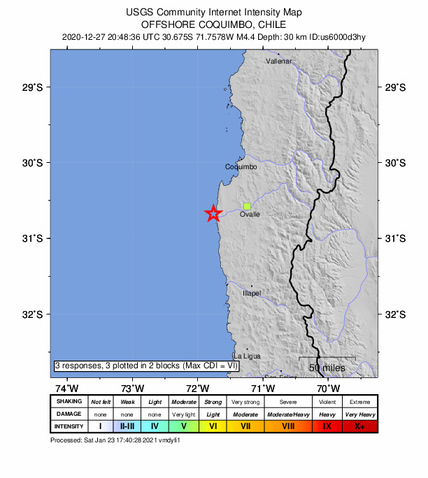 USGS DYFI community-reported intensity map for the M4.2 earthquake near 54 km W of Ovalle, Chile