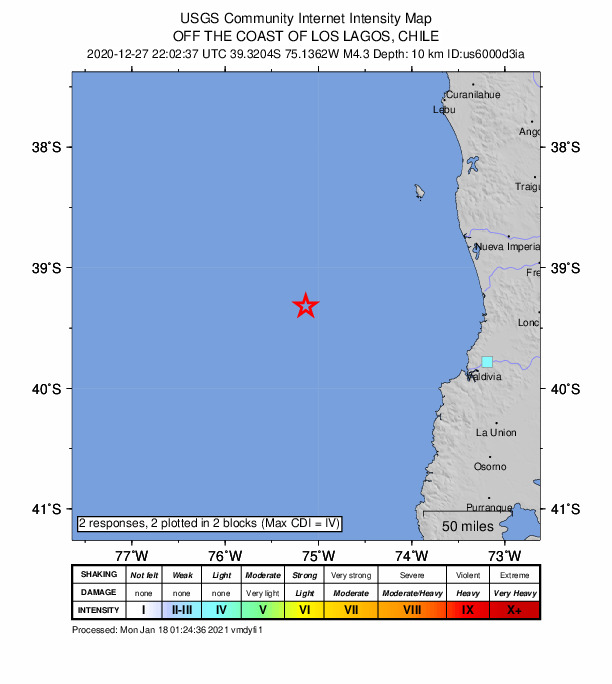 USGS DYFI community-reported intensity map for the M4.3 earthquake near 154 km WNW of Corral, Chile