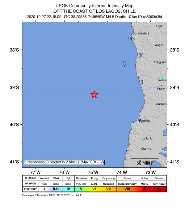 USGS DYFI community-reported intensity map for the M4.5 earthquake near 151 km WNW of Corral, Chile