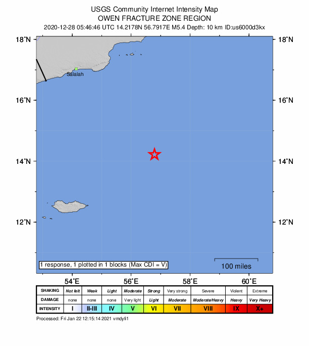 USGS DYFI community-reported intensity map for the M5.4 earthquake near Owen Fracture Zone region