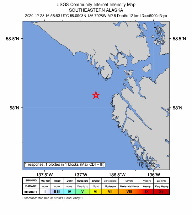 USGS DYFI community-reported intensity map for the M2.4 earthquake near 27 km WSW of Elfin Cove, Alaska