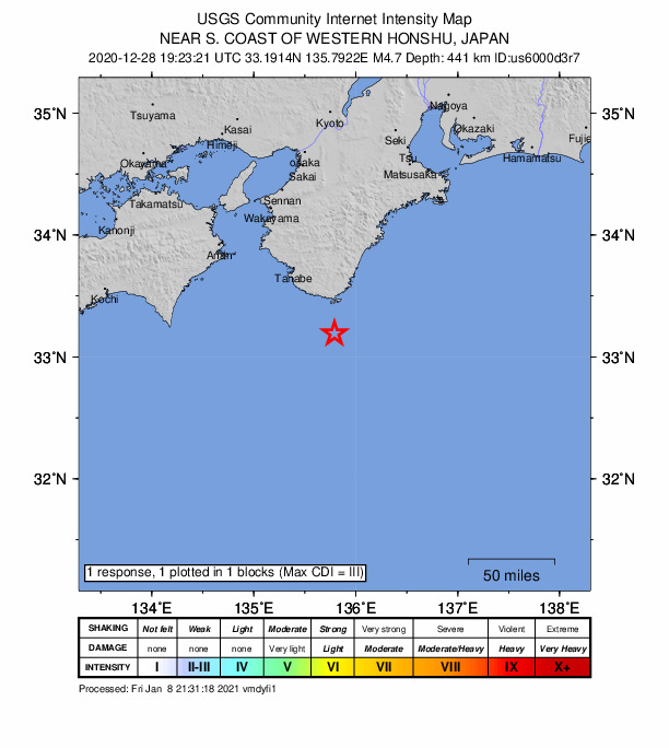 USGS DYFI community-reported intensity map for the M4.7 earthquake near 62 km SSW of Shing?, Japan