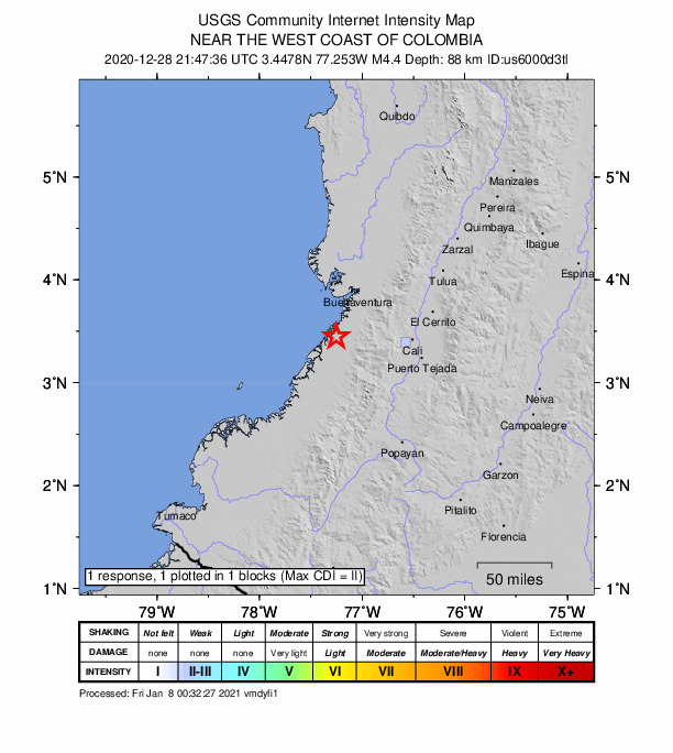 USGS DYFI community-reported intensity map for the M4.4 earthquake near 31 km WSW of Buenaventura, Colombia