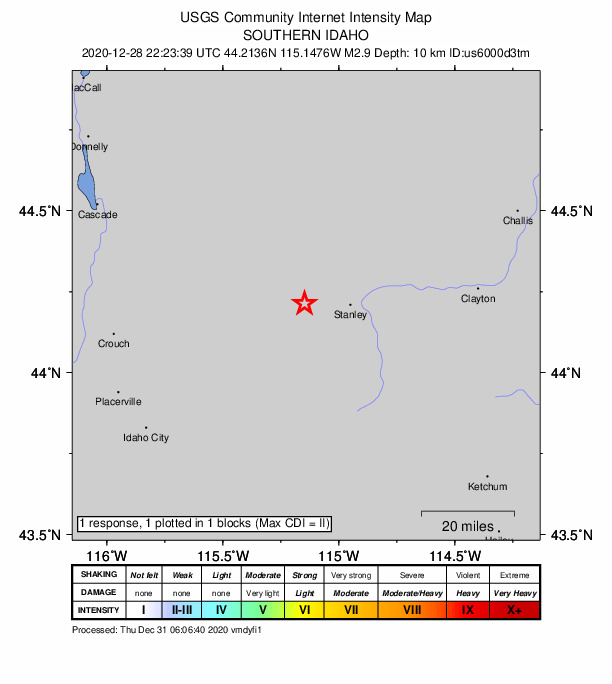 USGS DYFI community-reported intensity map for the M2.9 earthquake near 16 km W of Stanley, Idaho