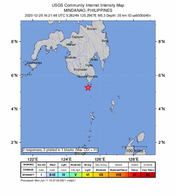 USGS DYFI community-reported intensity map for the M5.3 earthquake near 24 km SW of Sarangani, Philippines