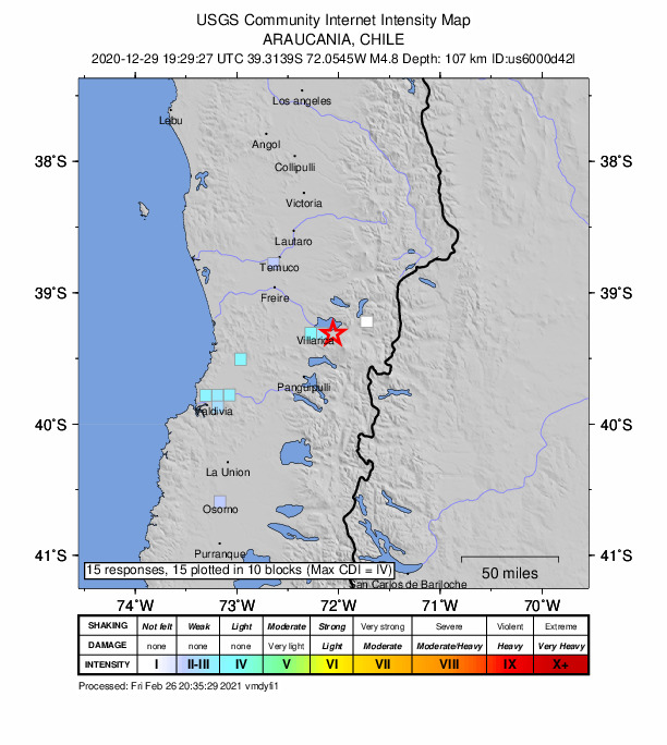 USGS DYFI community-reported intensity map for the M4.8 earthquake near 9 km WSW of Pucón, Chile