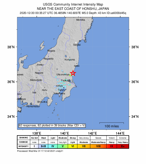 USGS DYFI community-reported intensity map for the M5.0 earthquake near 4 km ENE of Funaishikawa, Japan