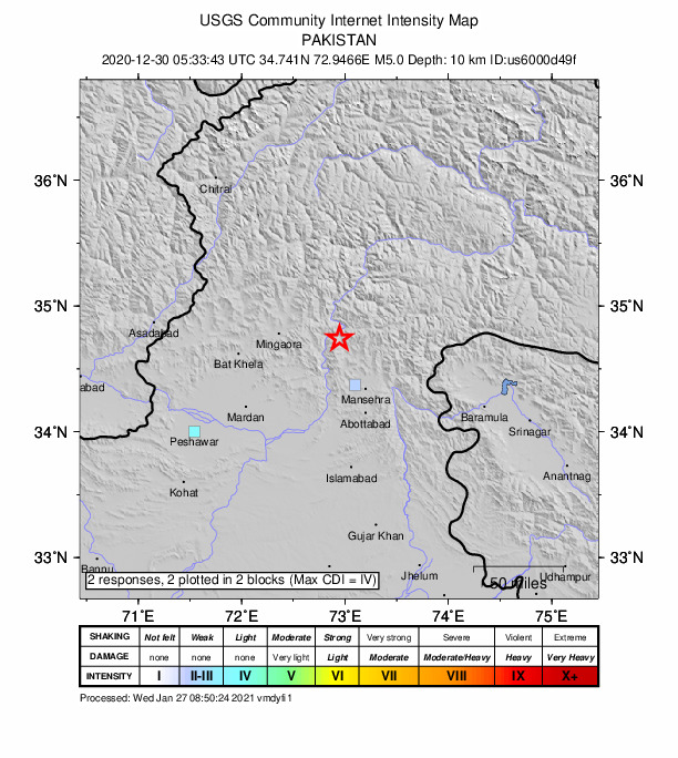 USGS DYFI community-reported intensity map for the M5.0 earthquake near 7 km NNW of Shingli Bala, Pakistan