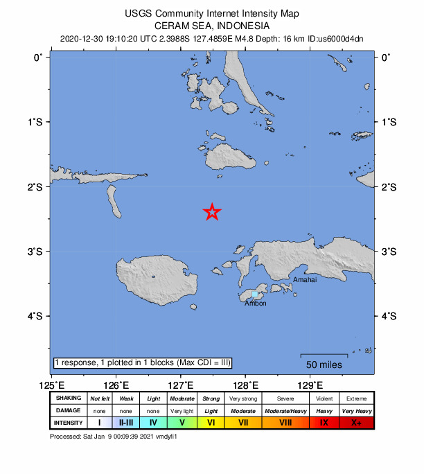 USGS DYFI community-reported intensity map for the M4.8 earthquake near 163 km NNW of Ambon, Indonesia
