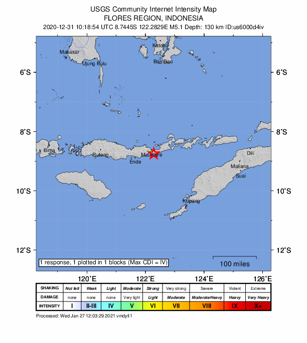 USGS DYFI community-reported intensity map for the M5.1 earthquake near 15 km SSE of Maumere, Indonesia