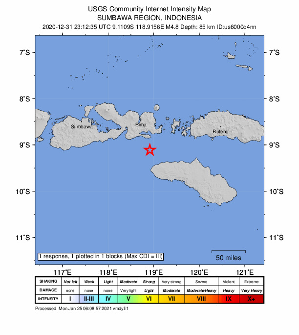 USGS DYFI community-reported intensity map for the M4.8 earthquake near 74 km SSE of Bima, Indonesia