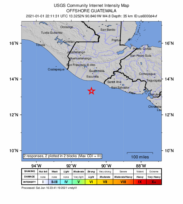USGS DYFI community-reported intensity map for the M4.8 earthquake near 66 km S of Puerto San José, Guatemala