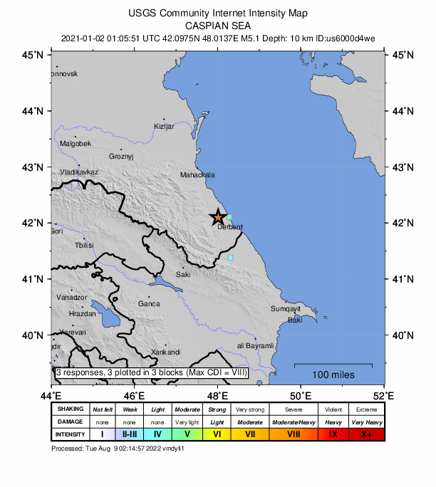 USGS DYFI community-reported intensity map for the M5.1 earthquake near 5 km SW of Gedzhukh, Russia