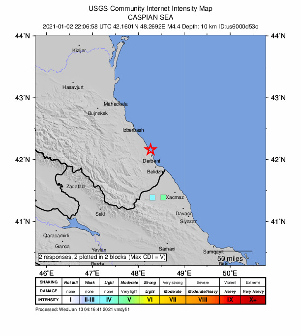 USGS DYFI community-reported intensity map for the M4.4 earthquake near 15 km NNE of Dagestanskiye Ogni, Russia