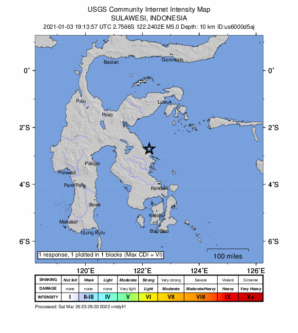 USGS DYFI community-reported intensity map for the M5.0 earthquake near 138 km NNW of Kendari, Indonesia