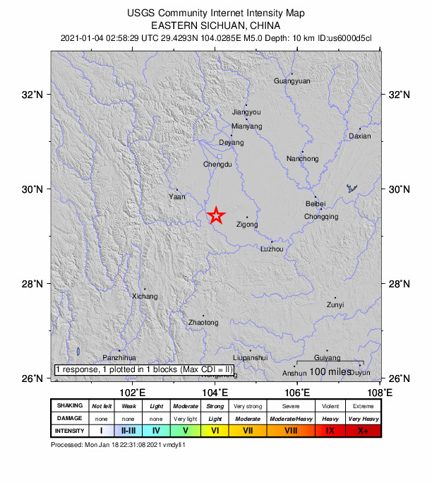 USGS DYFI community-reported intensity map for the M5.0 earthquake near 4 km N of Luocheng, China