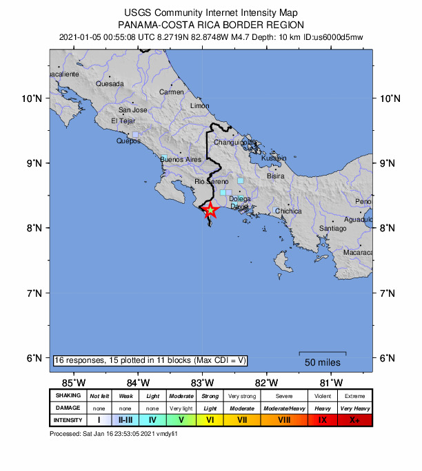 USGS DYFI community-reported intensity map for the M4.7 earthquake near 1 km WSW of Puerto Armuelles, Panama