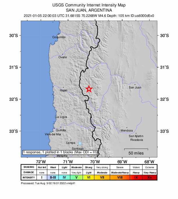USGS DYFI community-reported intensity map for the M4.6 earthquake near 70 km E of Salamanca, Chile