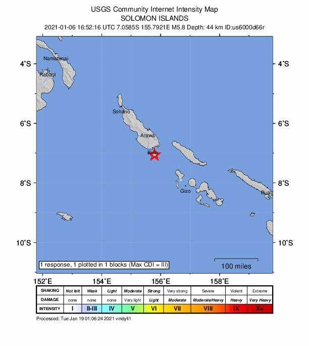 USGS DYFI community-reported intensity map for the M5.8 earthquake near 88 km SSE of Panguna, Papua New Guinea