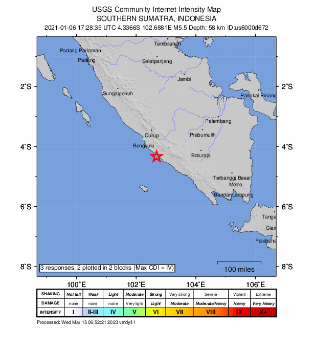 USGS DYFI community-reported intensity map for the M5.5 earthquake near 70 km WSW of Pagar Alam, Indonesia
