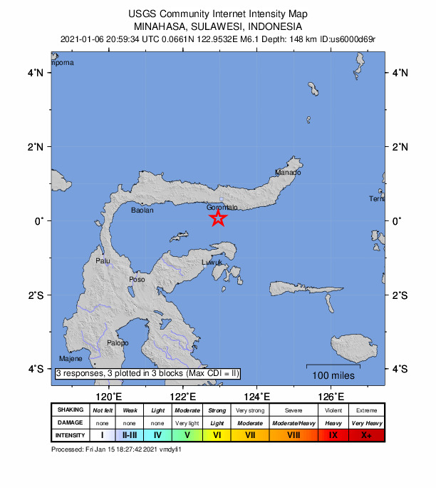 USGS DYFI community-reported intensity map for the M6.1 earthquake near 53 km SSW of Gorontalo, Indonesia