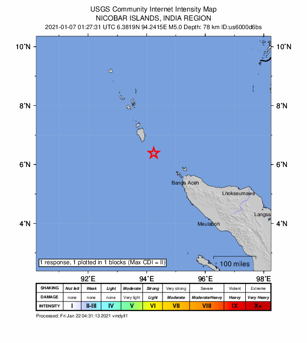 USGS DYFI community-reported intensity map for the M5.0 earthquake near 130 km WNW of Sabang, Indonesia