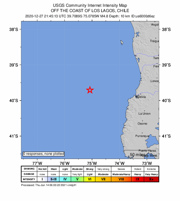 USGS DYFI community-reported intensity map for the M4.8 earthquake near 142 km W of Corral, Chile