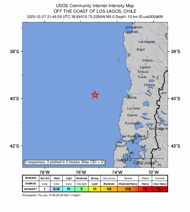 USGS DYFI community-reported intensity map for the M5.0 earthquake near 153 km W of Corral, Chile