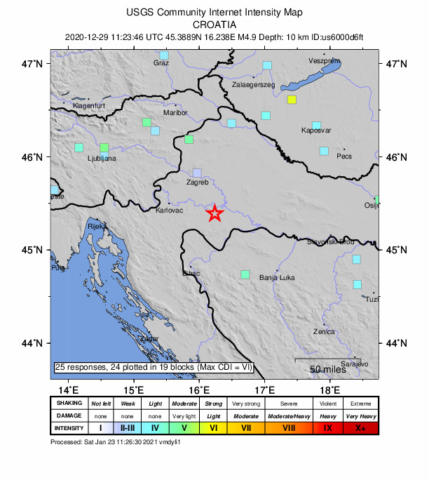 USGS DYFI community-reported intensity map for the M4.9 earthquake near 6 km SW of Petrinja, Croatia