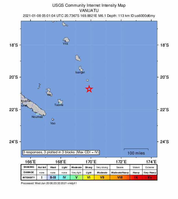 USGS DYFI community-reported intensity map for the M6.1 earthquake near 146 km SSE of Isangel, Vanuatu