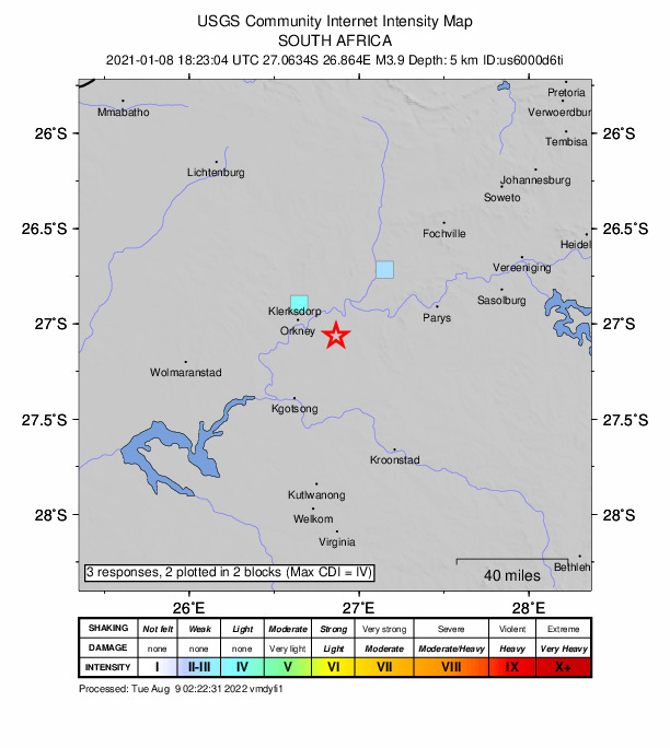 USGS DYFI community-reported intensity map for the M3.9 earthquake near 18 km NNW of Viljoenskroon, South Africa