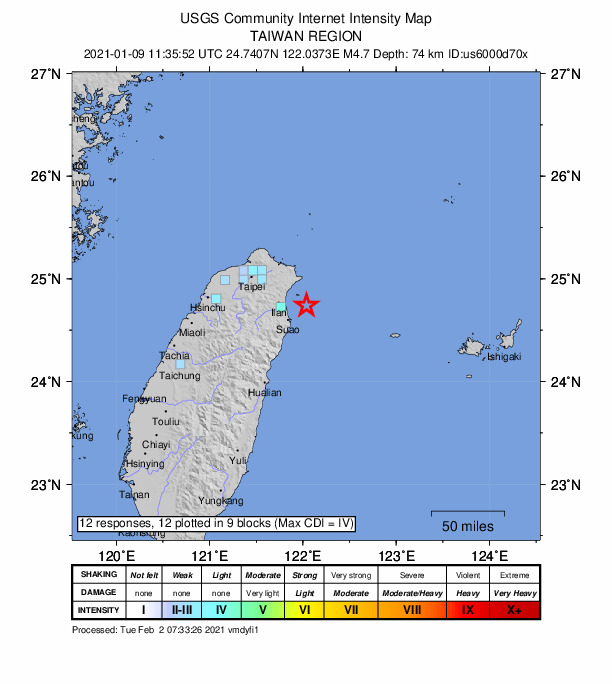 USGS DYFI community-reported intensity map for the M4.9 earthquake near 28 km E of Yilan, Taiwan