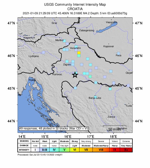 USGS DYFI community-reported intensity map for the M4.2 earthquake near 4 km SSE of Petrinja, Croatia