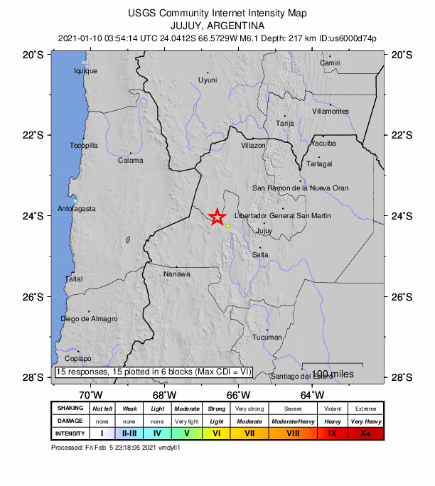 USGS DYFI community-reported intensity map for the M6.1 earthquake near 32 km NW of San Antonio de los Cobres, Argentina