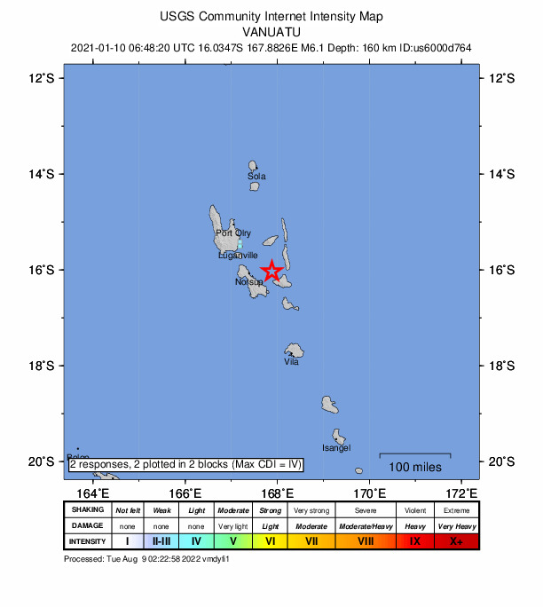 USGS DYFI community-reported intensity map for the M6.1 earthquake near 50 km E of Lakatoro, Vanuatu