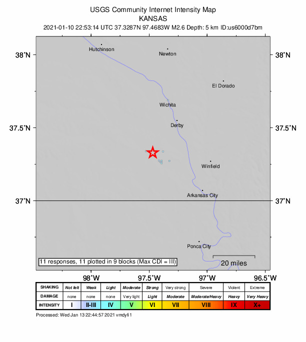 USGS DYFI community-reported intensity map for the M2.4 earthquake near 9 km NE of Mayfield, Kansas