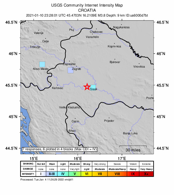 USGS DYFI community-reported intensity map for the M3.8 earthquake near 7 km WNW of Petrinja, Croatia