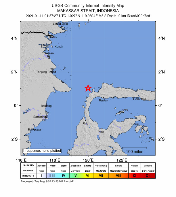 USGS DYFI community-reported intensity map for the M5.2 earthquake near 214 km N of Palu, Indonesia