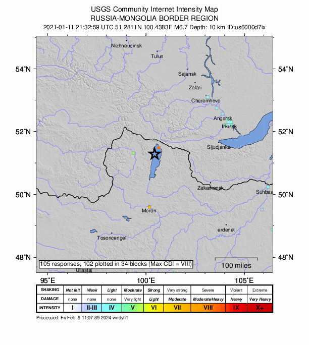 USGS DYFI community-reported intensity map for the M6.7 earthquake near 29 km SSW of Turt, Mongolia
