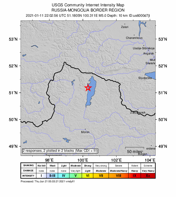 USGS DYFI community-reported intensity map for the M5.0 earthquake near 43 km SW of Turt, Mongolia