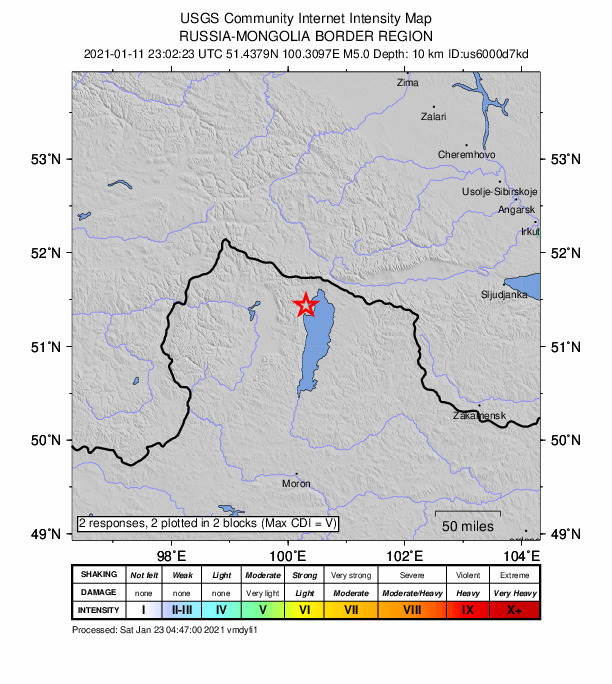 USGS DYFI community-reported intensity map for the M5.0 earthquake near 25 km WSW of Turt, Mongolia