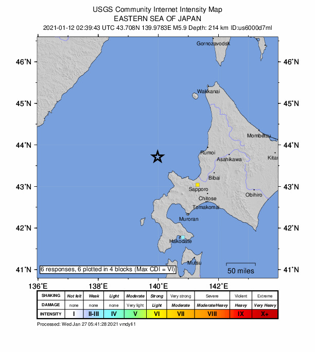 USGS DYFI community-reported intensity map for the M5.9 earthquake near 84 km NW of Yoichi, Japan
