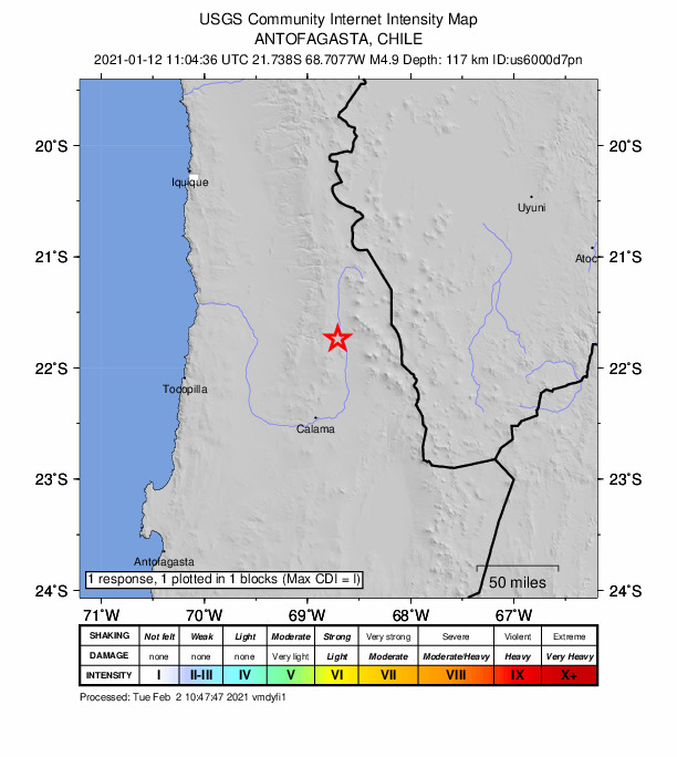 USGS DYFI community-reported intensity map for the M4.9 earthquake near 82 km NNE of Calama, Chile