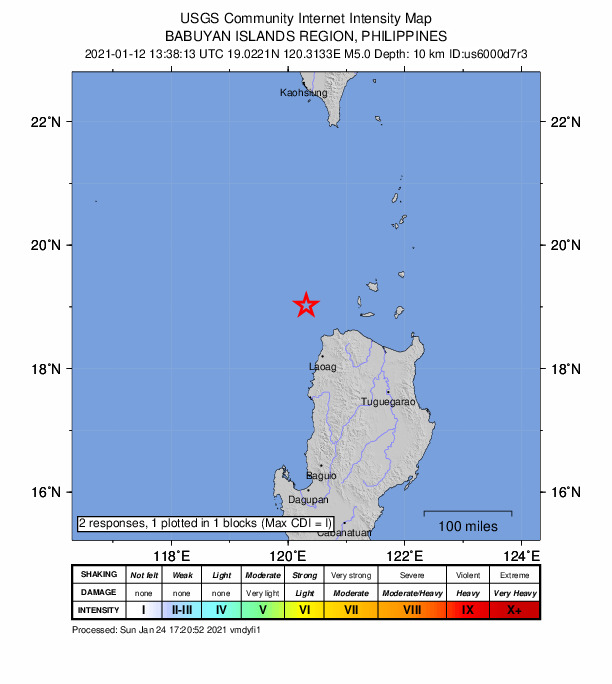 USGS DYFI community-reported intensity map for the M5.0 earthquake near Babuyan Islands region, Philippines