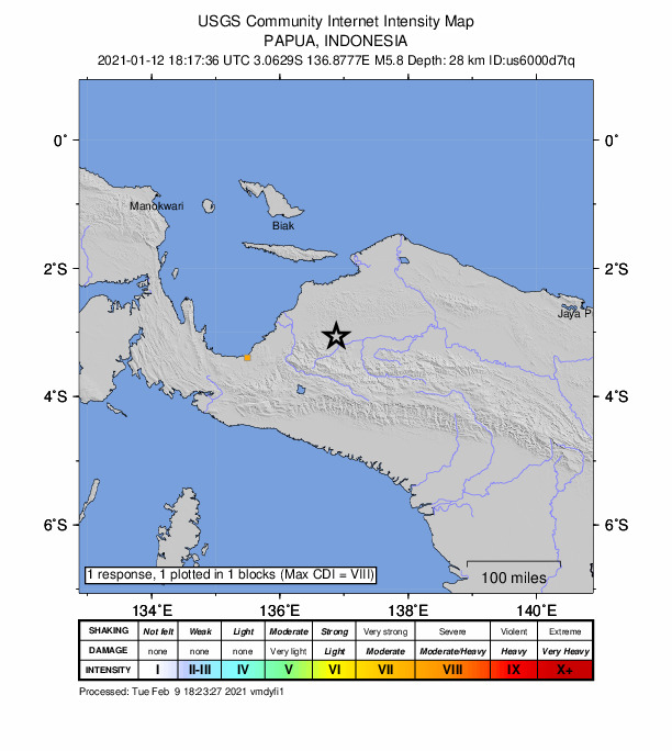 USGS DYFI community-reported intensity map for the M5.9 earthquake near 157 km ENE of Nabire, Indonesia